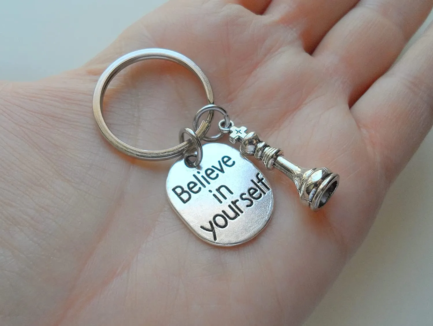 Chess Club Player Charm Keychain with a King Chess Piece Charm and Believe in Yourself Charm