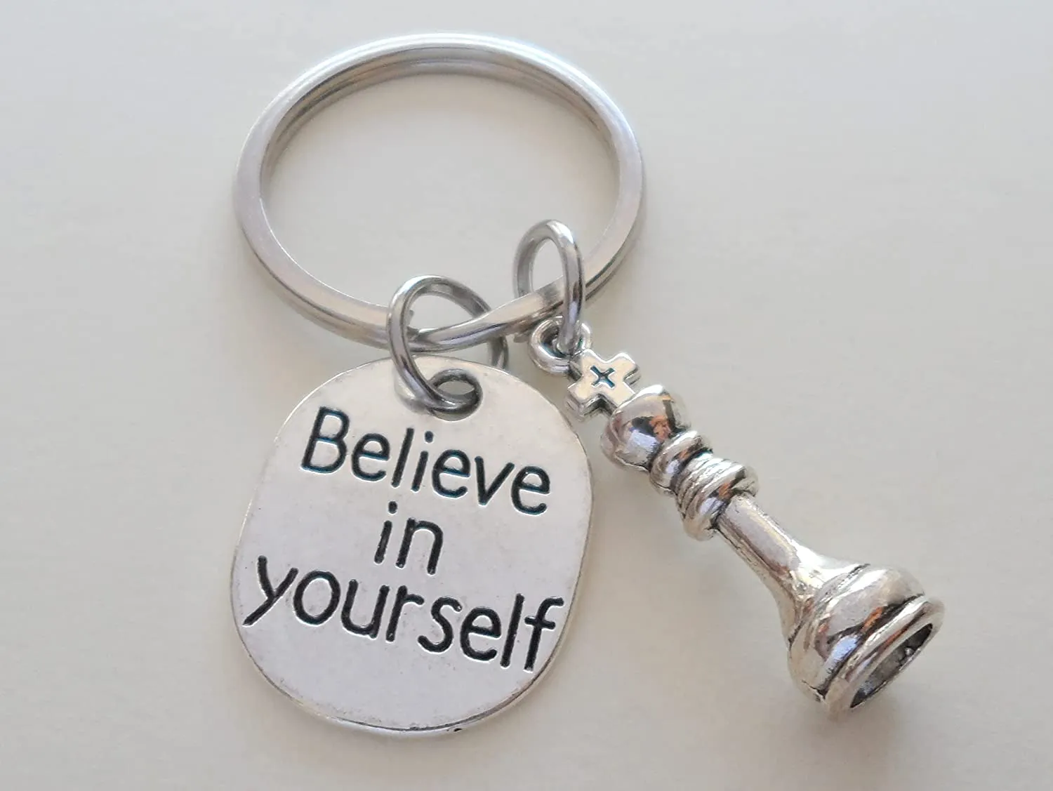 Chess Club Player Charm Keychain with a King Chess Piece Charm and Believe in Yourself Charm