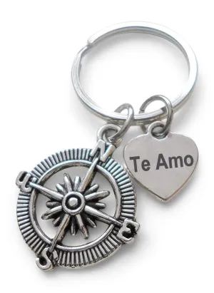 Compass Charm Keychain with Heart Tag Engraved "Te Amo" (I Love You) in Spanish, Couples Keychain