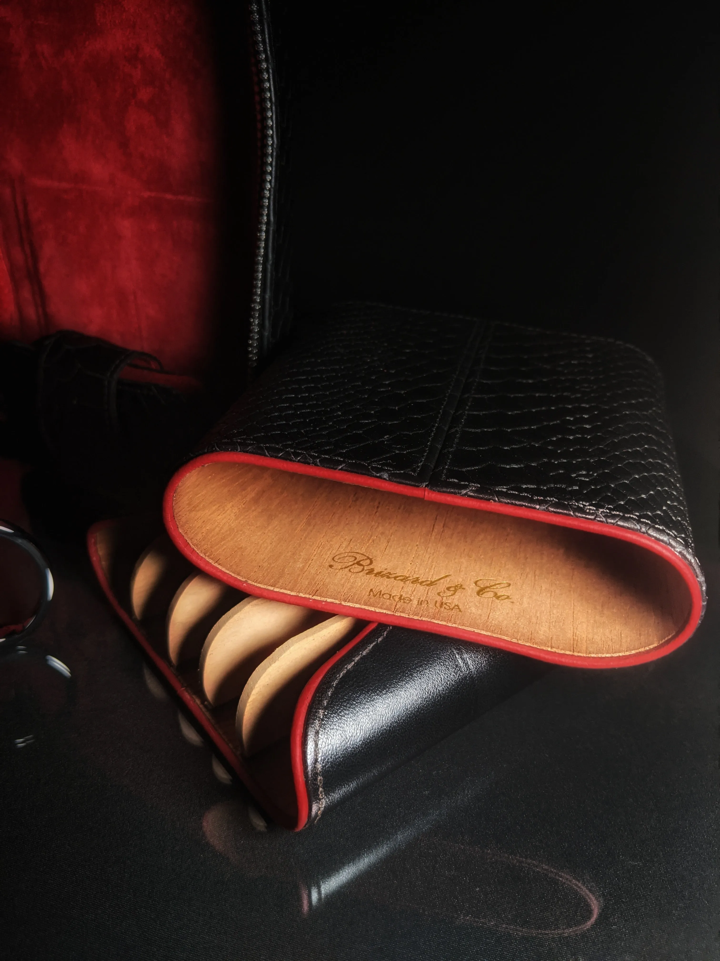 Copy of Brizard and Co Havana Traveler in Black Python Pattern and Red Leather Combo