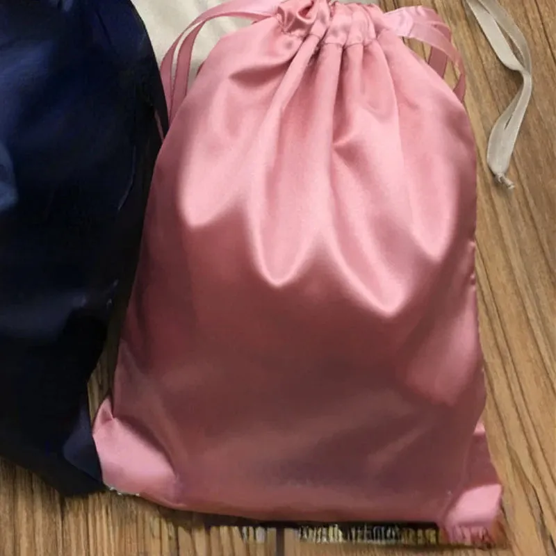 Custom Logo Satin Drawstring Bag Makeup Shoes Clothes Virgin Hair Extensions Wigs Packaging Bags Storage Christmas Wedding Candy