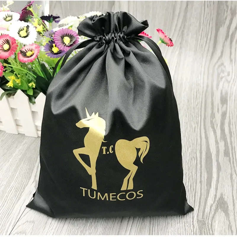 Custom Logo Satin Drawstring Bag Makeup Shoes Clothes Virgin Hair Extensions Wigs Packaging Bags Storage Christmas Wedding Candy
