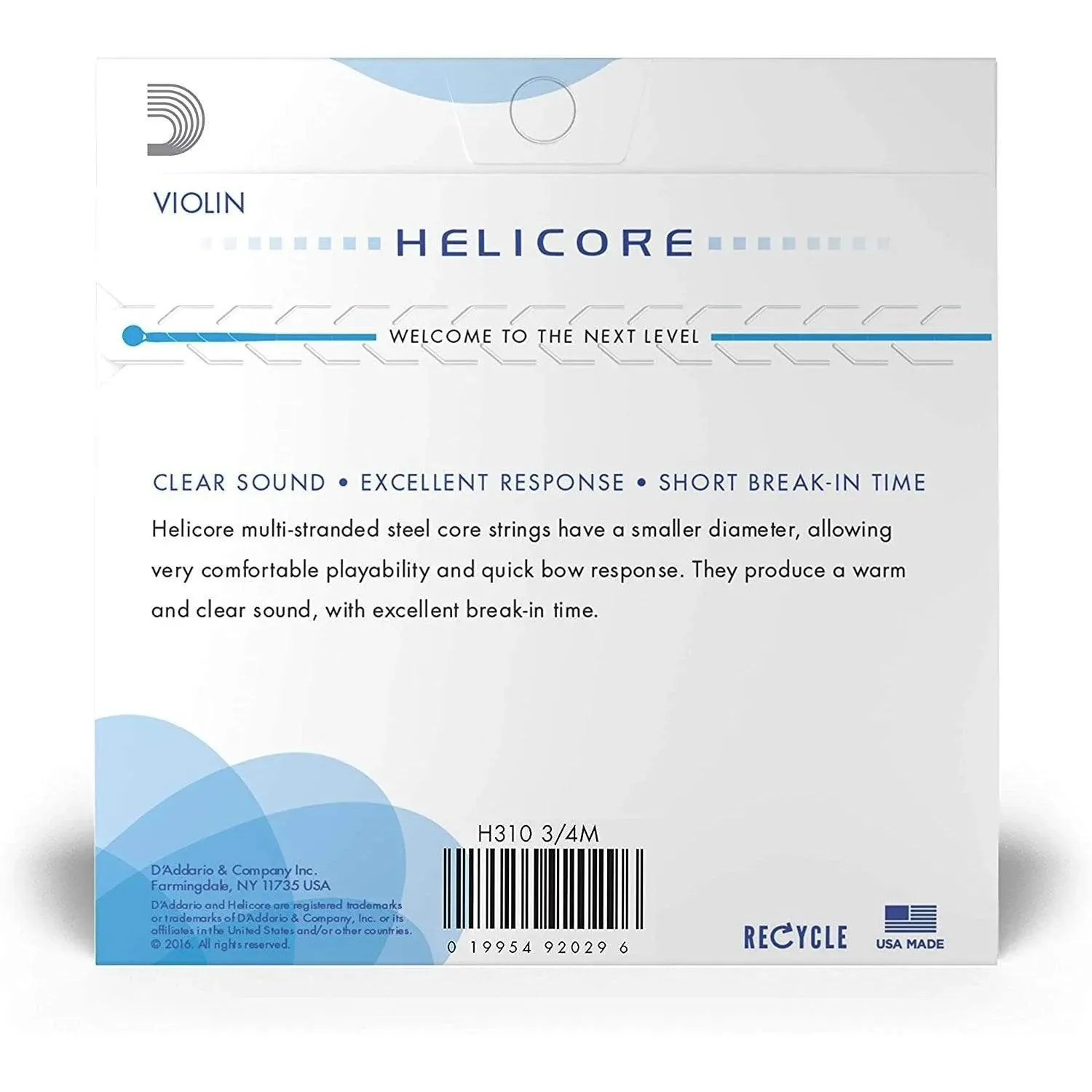D'Addario H310 3/4M Helicore Violin String Set 3/4 Scale, Medium Tension