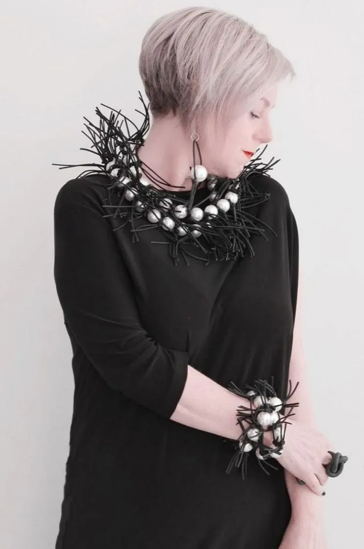 Faux Pearl Leatherette Spikes Necklace