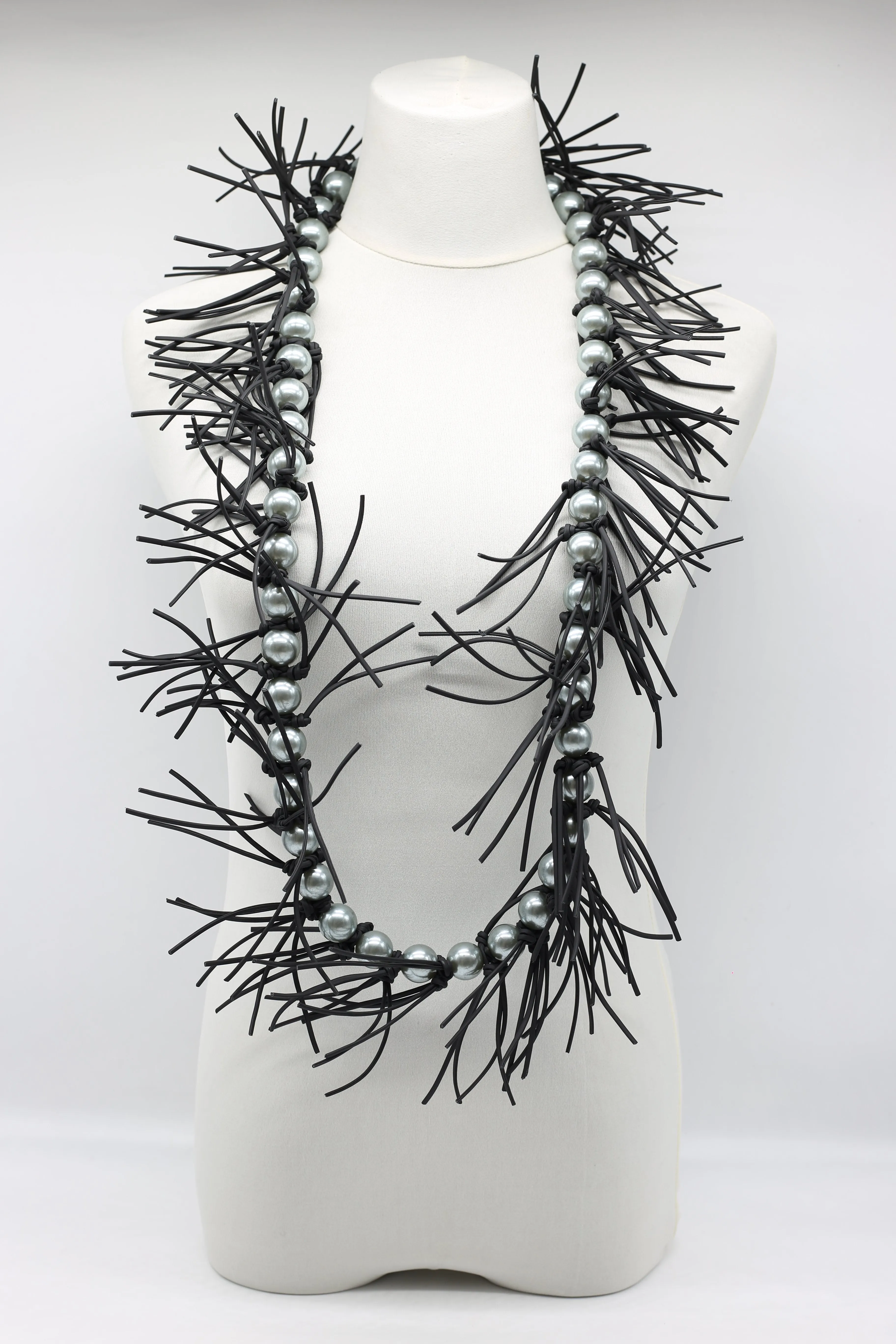 Faux Pearl Leatherette Spikes Necklace