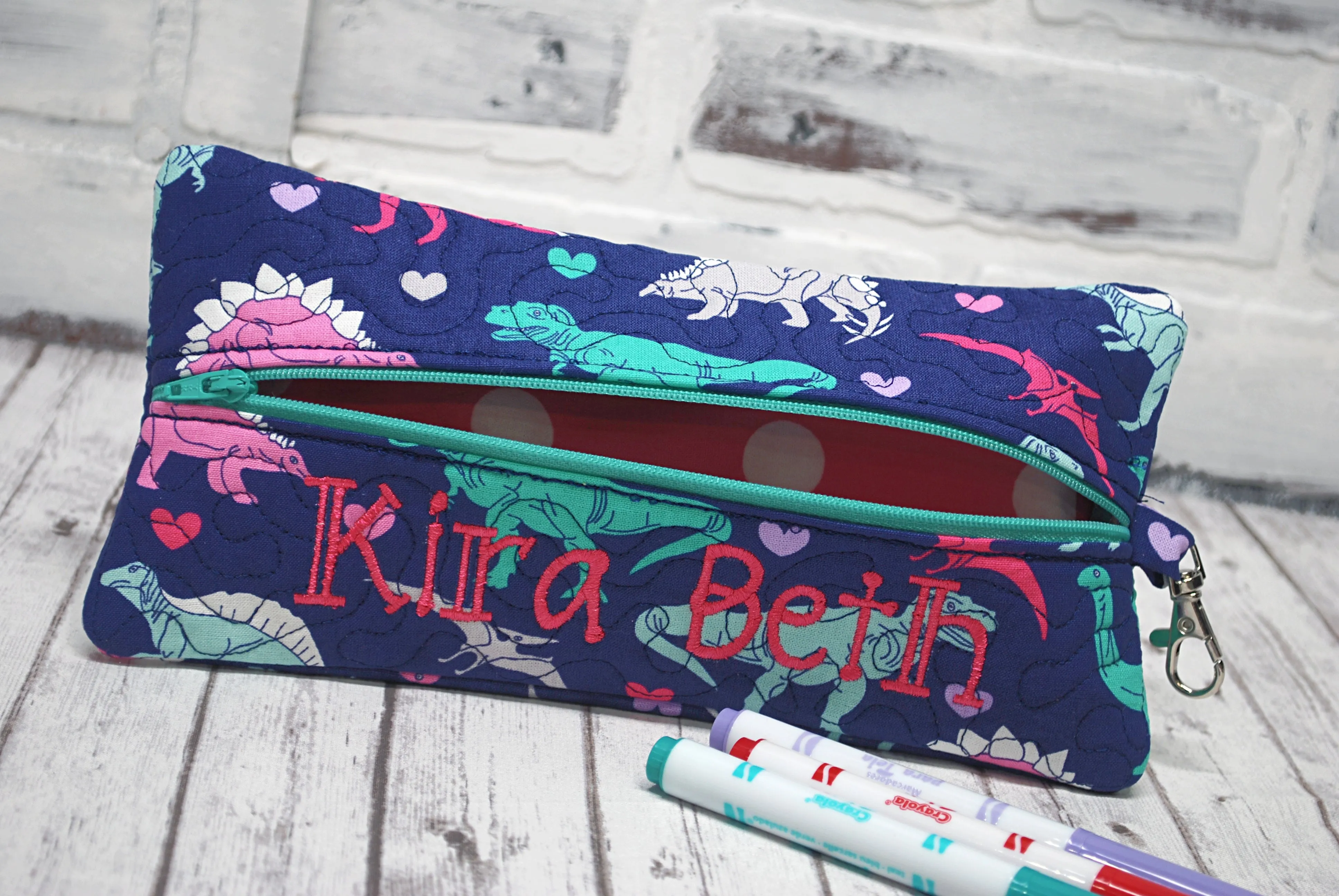 Girls Dinos with Hearts Personalized Quilted Pouch