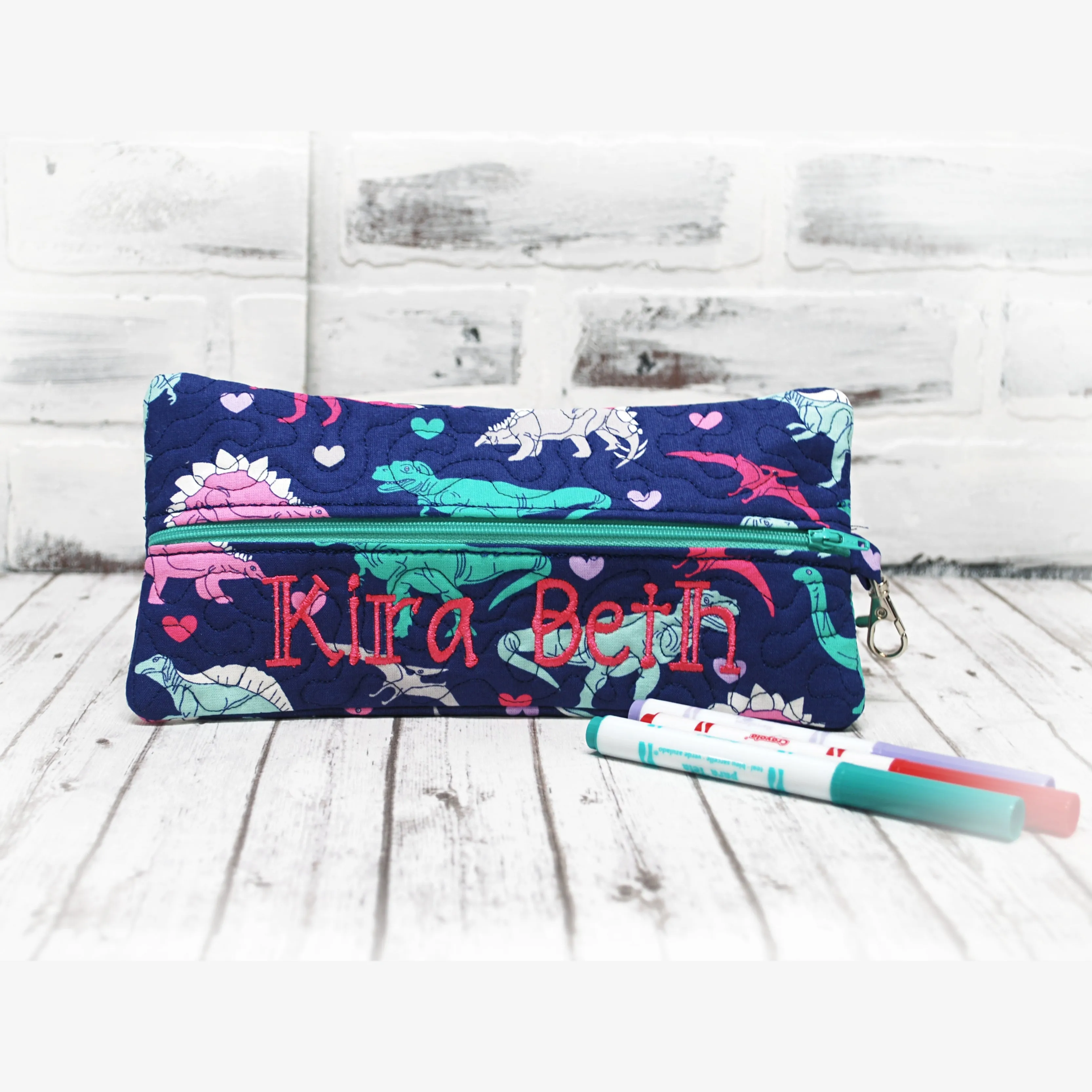 Girls Dinos with Hearts Personalized Quilted Pouch