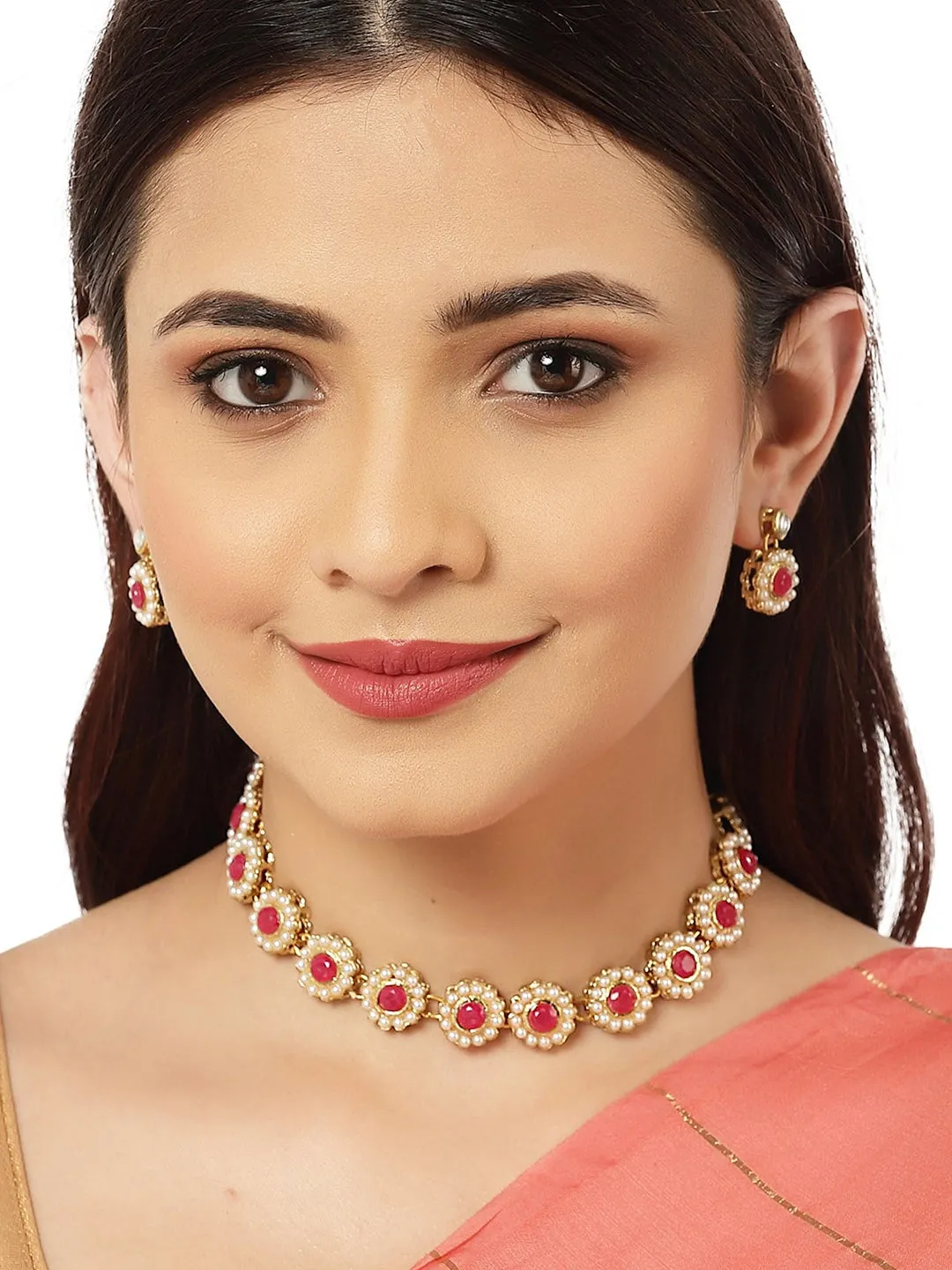 Gold Plated Red Kundan-Studded Jewellery Set