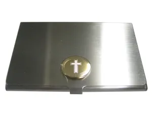 Gold Toned Etched Oval Religious Cross Business Card Holder