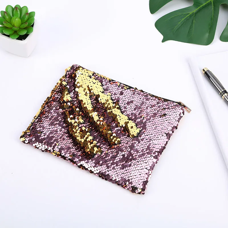 Golden Zipper Double-sided Sequins Pencil Mermaid Cosmetic Bags