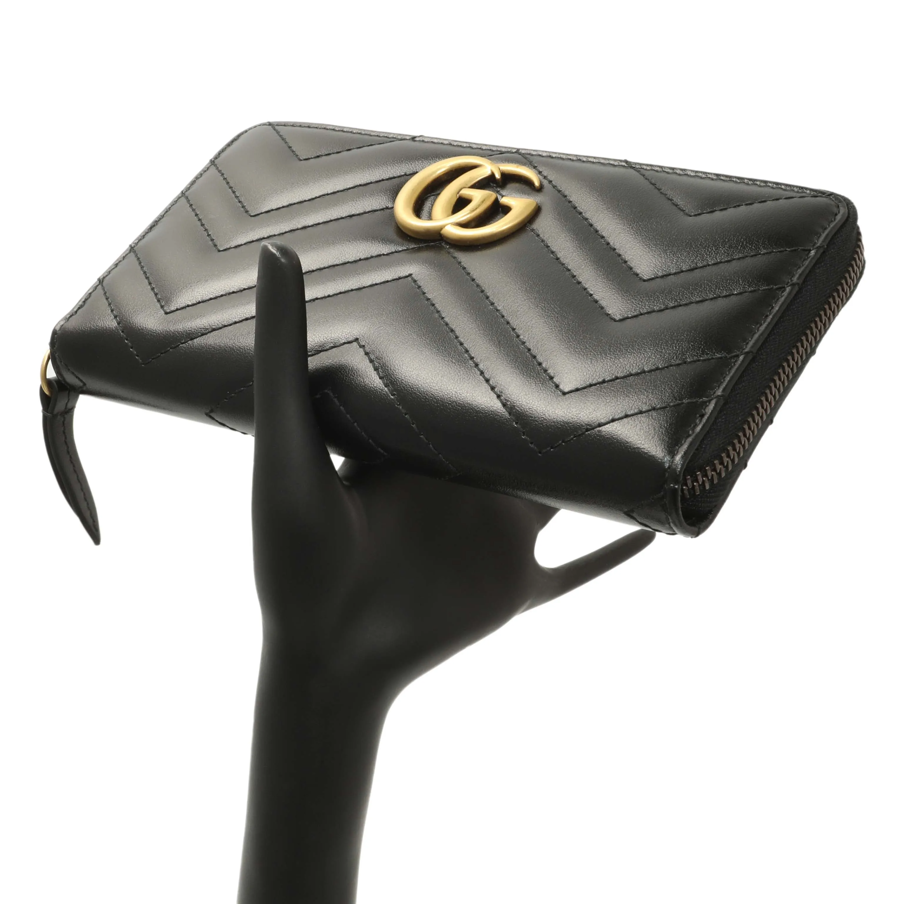 Gucci Black Calfskin Matelasse GG Marmont Zip Around Wallet