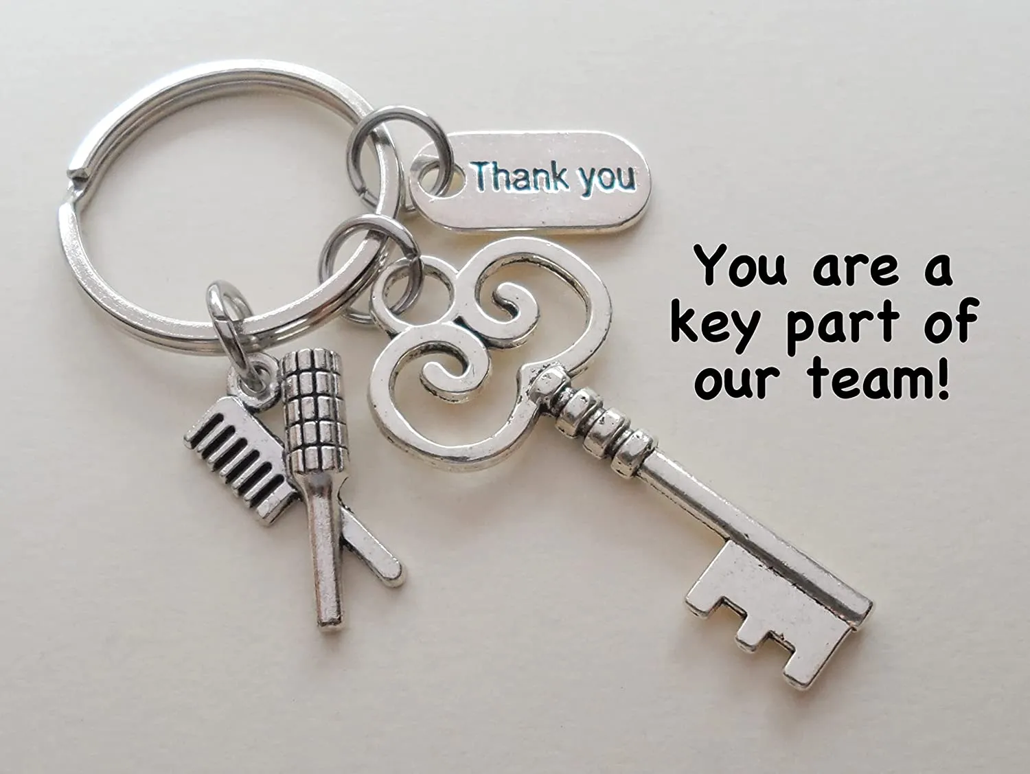 Hair Stylist Staff Appreciation Keychain, Key Charm, Brush & Comb Charm, and Thank You Charm Keychain