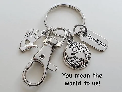 Hand with Heart Charm Keychain with World Globe, Thank You Charm, and Swivel Clasp; School or Preschool Teacher Appreciation, Volunteer, Therapist, or Social Worker Keychain