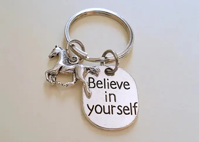 Horse Charm and Believe in Yourself Charm Keychain, Horse Rider or Coach Keychain