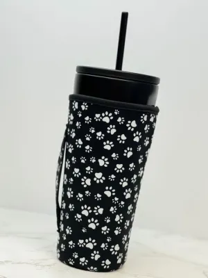 Insulated Cold Cup Sleeve with Handle - Black Paw Print
