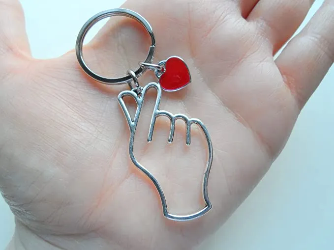 Korean Hand Heart Symbol Charm Keychain with Red Heart Charm, Couples Keychain