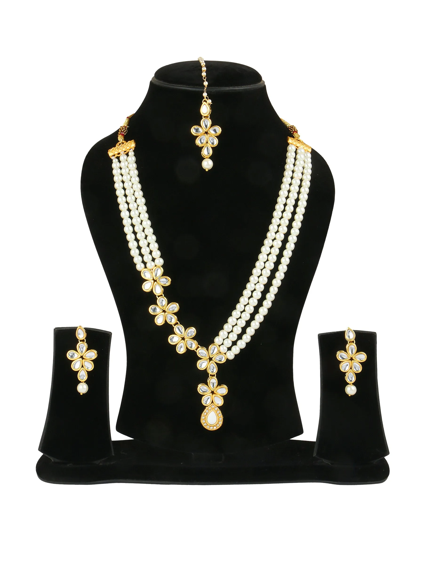 Kundan and Pearl Side Floral Long Necklace