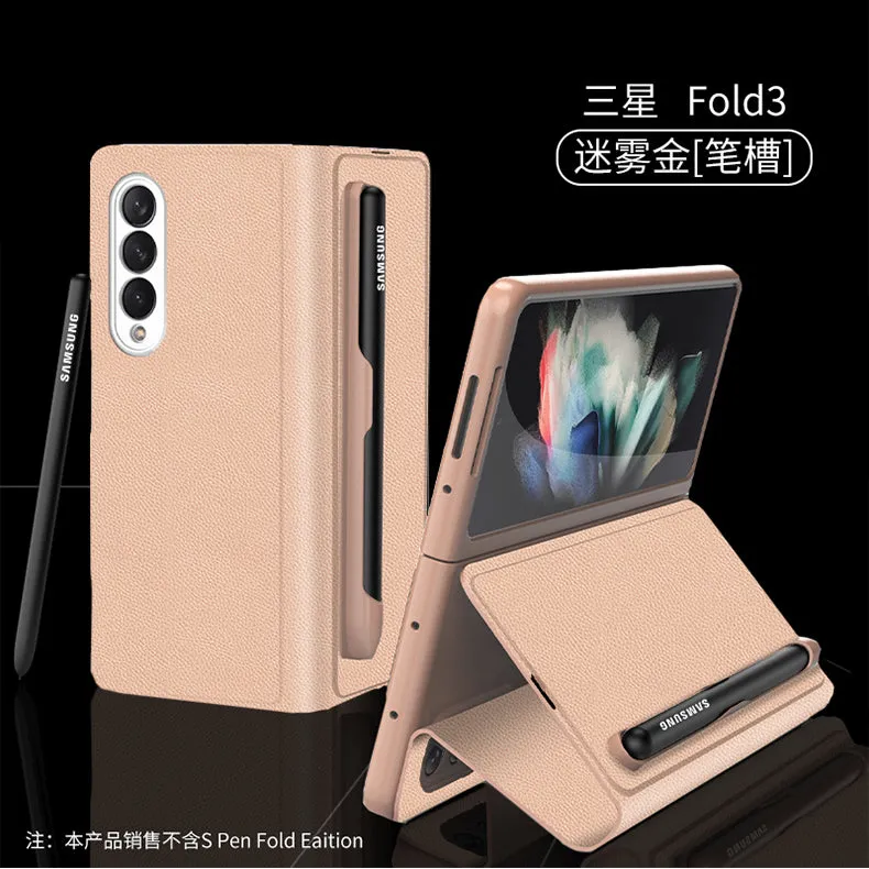 Leather Pen Holder Case For Samsung Galaxy Z Fold 3 5G Anti-knock All-included Protection Cover For Samsung Z Fold3 5G Case