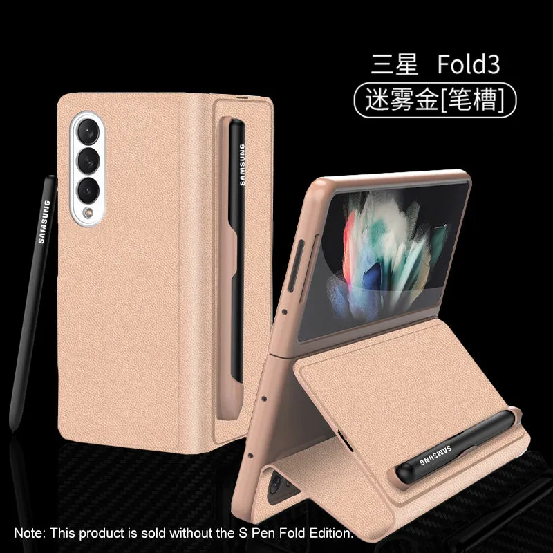 Leather Pen Holder Case For Samsung Galaxy Z Fold 3 5G Anti-knock All-included Protection Cover For Samsung Z Fold3 5G Case