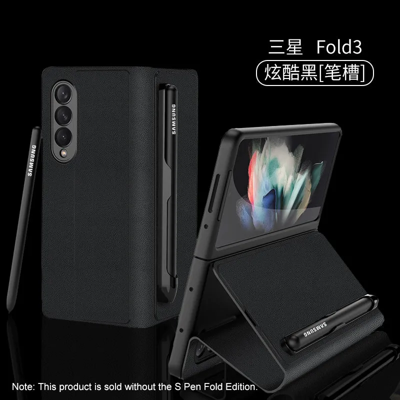 Leather Pen Holder Case For Samsung Galaxy Z Fold 3 5G Anti-knock All-included Protection Cover For Samsung Z Fold3 5G Case