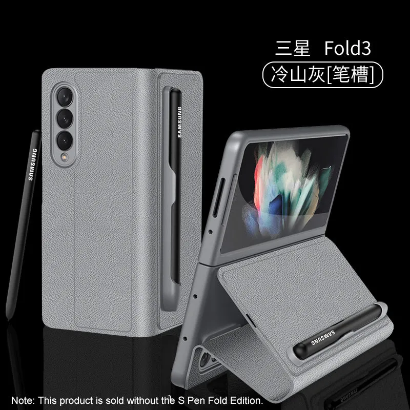 Leather Pen Holder Case For Samsung Galaxy Z Fold 3 5G Anti-knock All-included Protection Cover For Samsung Z Fold3 5G Case