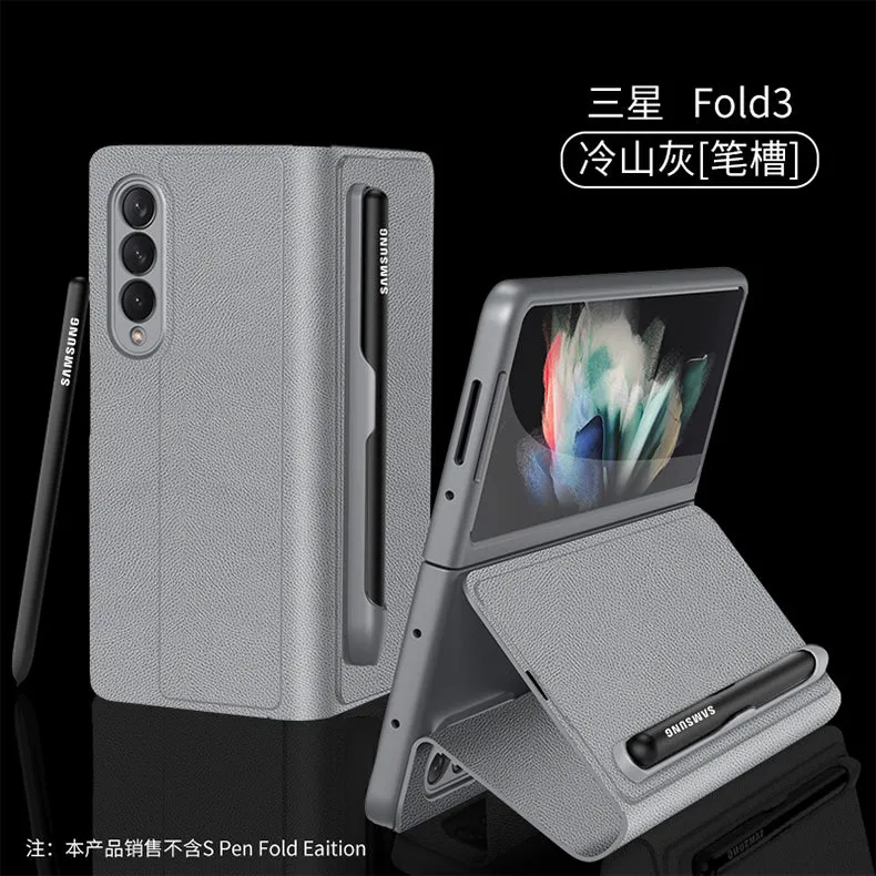 Leather Pen Holder Case For Samsung Galaxy Z Fold 3 5G Anti-knock All-included Protection Cover For Samsung Z Fold3 5G Case