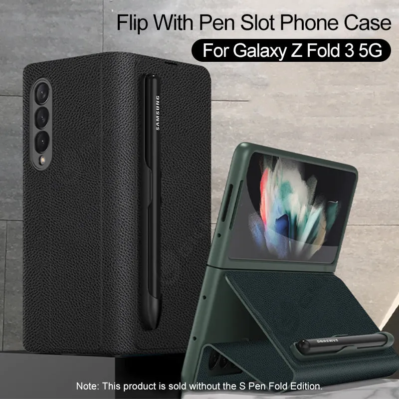 Leather Pen Holder Case For Samsung Galaxy Z Fold 3 5G Anti-knock All-included Protection Cover For Samsung Z Fold3 5G Case