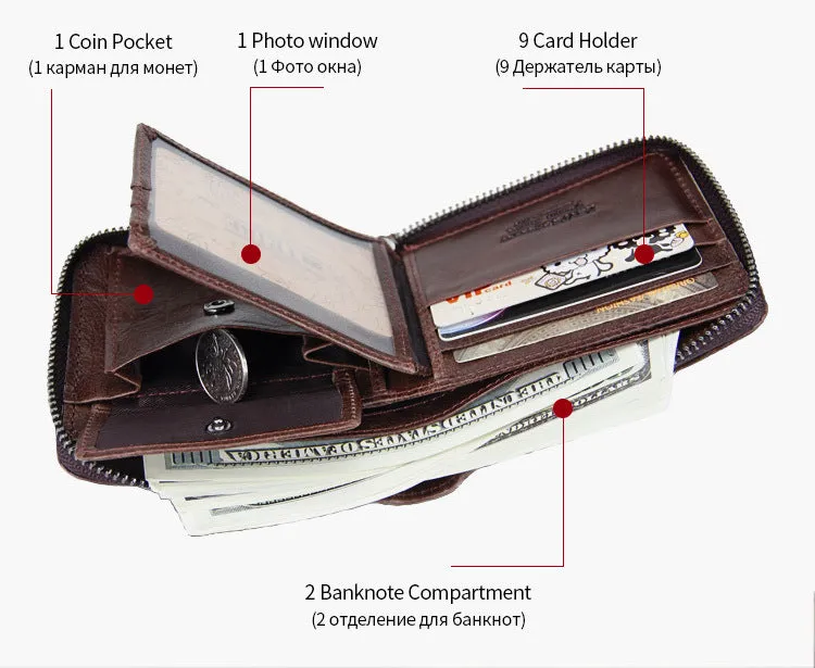 Leather Zipper Crazy Horse Leather Men's Bag Retro Large-capacity Soft Wallet Leather Wallet Men's Bag