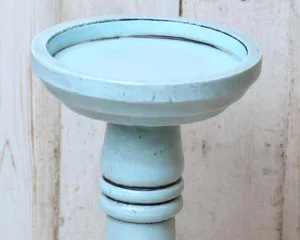 Light blue short wooden pillar candle holder