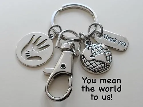 Little Hand in Hand Charm Keychain with World Globe, Thank You Charm, and Swivel Clasp; School or Preschool Teacher Appreciation, Volunteer, Pediatrician, Therapist, Social Worker, or Other Child Advocate