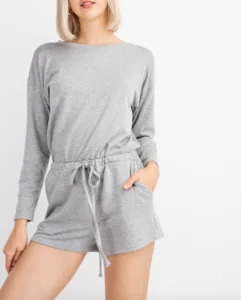 Long Sleeve Drop Shoulder 2 Pocket Drawstring Back Key Hole Romper