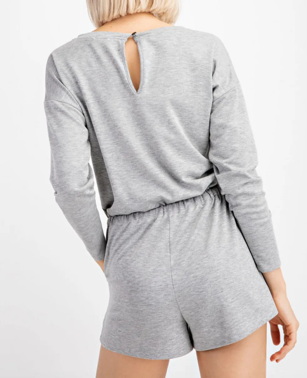 Long Sleeve Drop Shoulder 2 Pocket Drawstring Back Key Hole Romper