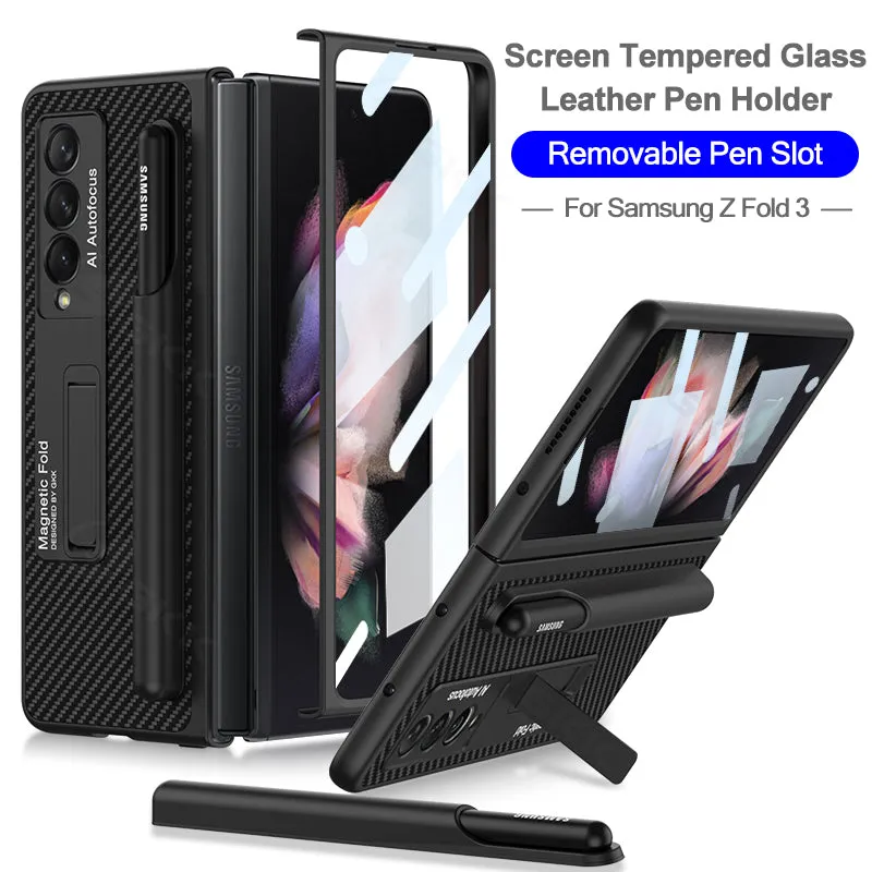 Luxury Leather All-included Protection Cover For Samsung Galaxy Z Fold 3 Case Pen Holder Stander Plastic For Galaxy Z Fold3