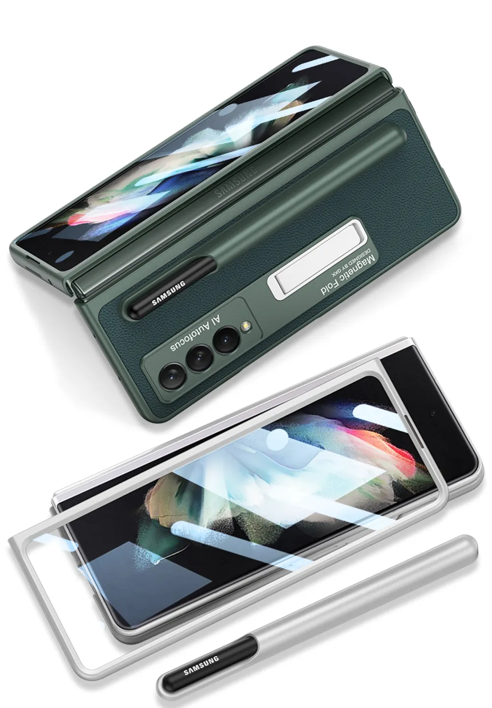 Luxury Leather All-included Protection Cover For Samsung Galaxy Z Fold 3 Case Pen Holder Stander Plastic For Galaxy Z Fold3