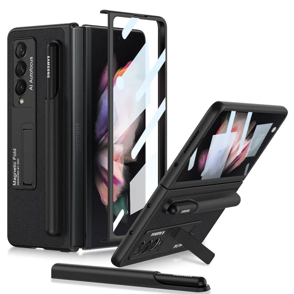 Luxury Leather All-included Protection Cover For Samsung Galaxy Z Fold 3 Case Pen Holder Stander Plastic For Galaxy Z Fold3