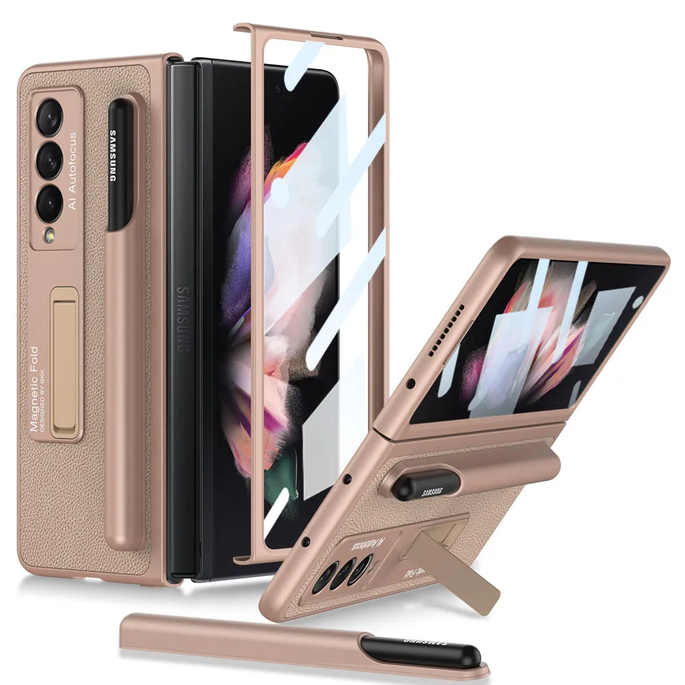 Luxury Leather All-included Protection Cover For Samsung Galaxy Z Fold 3 Case Pen Holder Stander Plastic For Galaxy Z Fold3