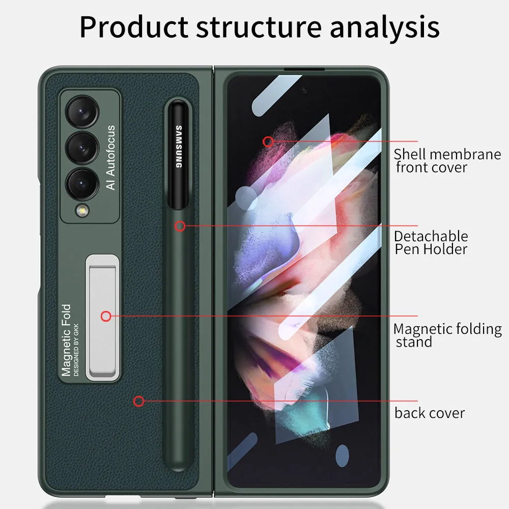 Luxury Leather All-included Protection Cover For Samsung Galaxy Z Fold 3 Case Pen Holder Stander Plastic For Galaxy Z Fold3