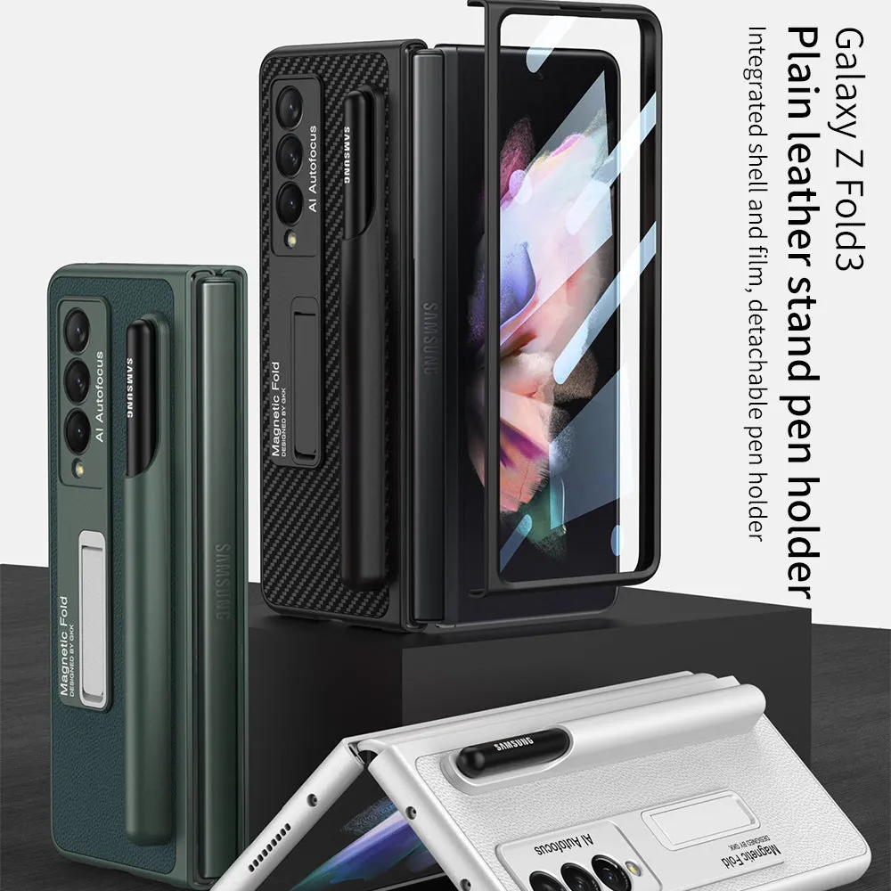 Luxury Leather All-included Protection Cover For Samsung Galaxy Z Fold 3 Case Pen Holder Stander Plastic For Galaxy Z Fold3