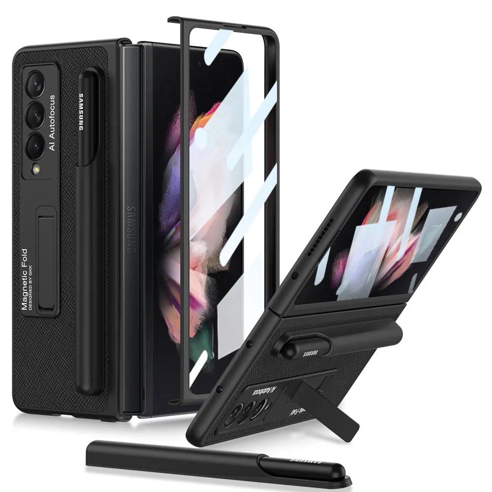 Luxury Leather All-included Protection Cover For Samsung Galaxy Z Fold 3 Case Pen Holder Stander Plastic For Galaxy Z Fold3