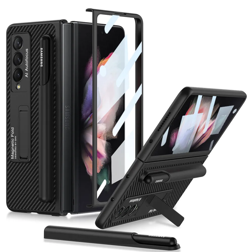 Luxury Leather All-included Protection Cover For Samsung Galaxy Z Fold 3 Case Pen Holder Stander Plastic For Galaxy Z Fold3