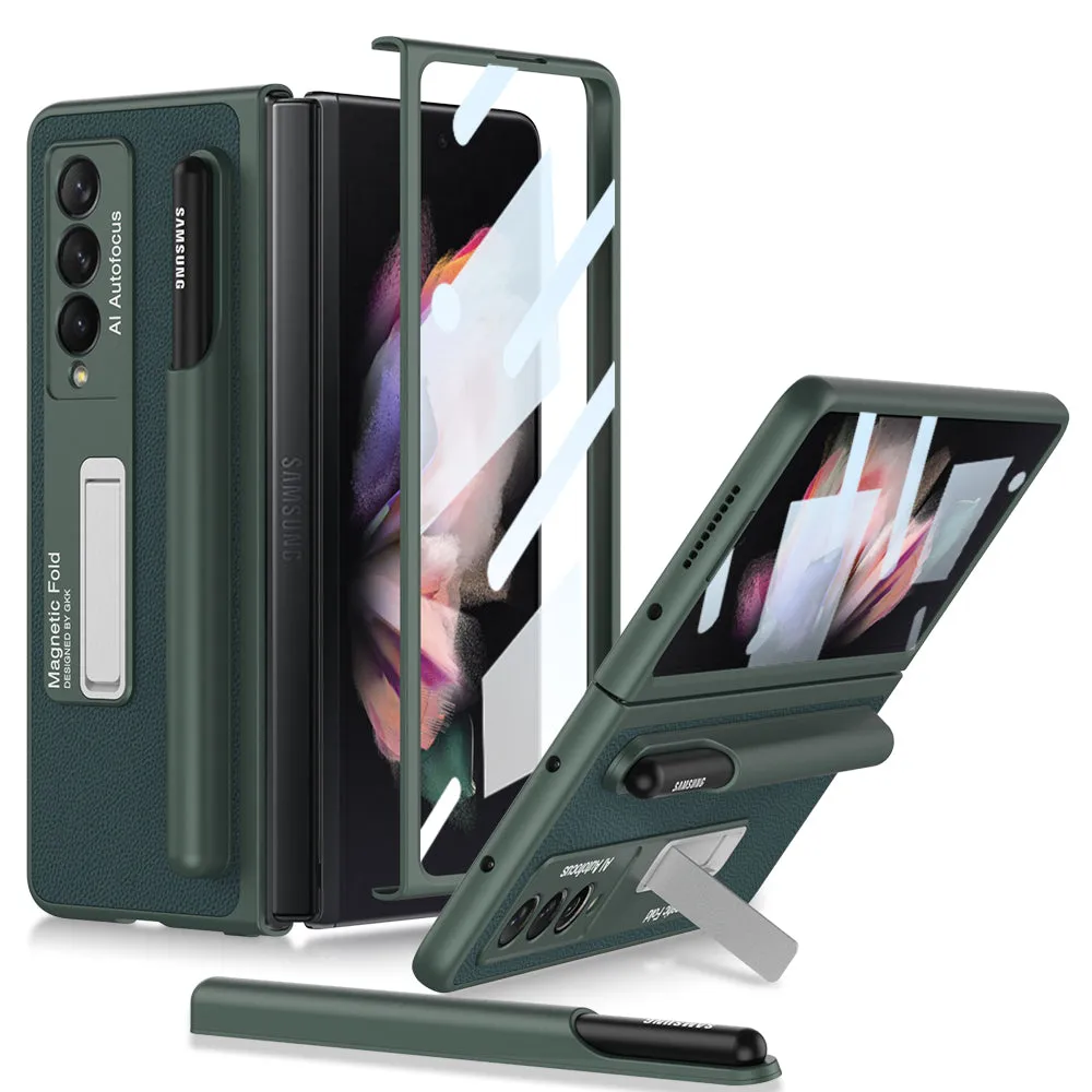 Luxury Leather All-included Protection Cover For Samsung Galaxy Z Fold 3 Case Pen Holder Stander Plastic For Galaxy Z Fold3