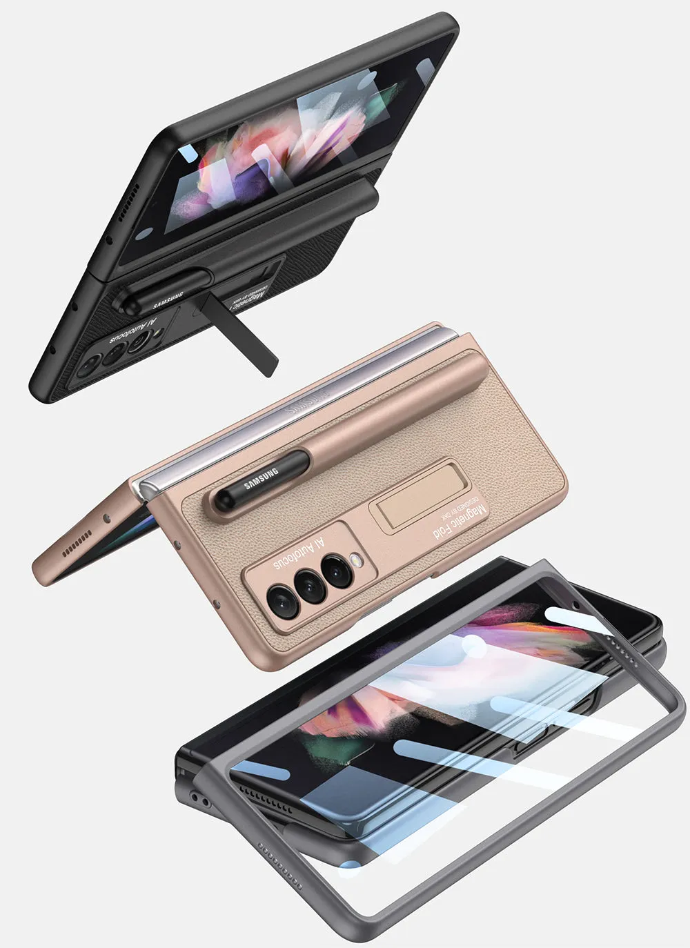 Luxury Leather All-included Protection Cover For Samsung Galaxy Z Fold 3 Case Pen Holder Stander Plastic For Galaxy Z Fold3