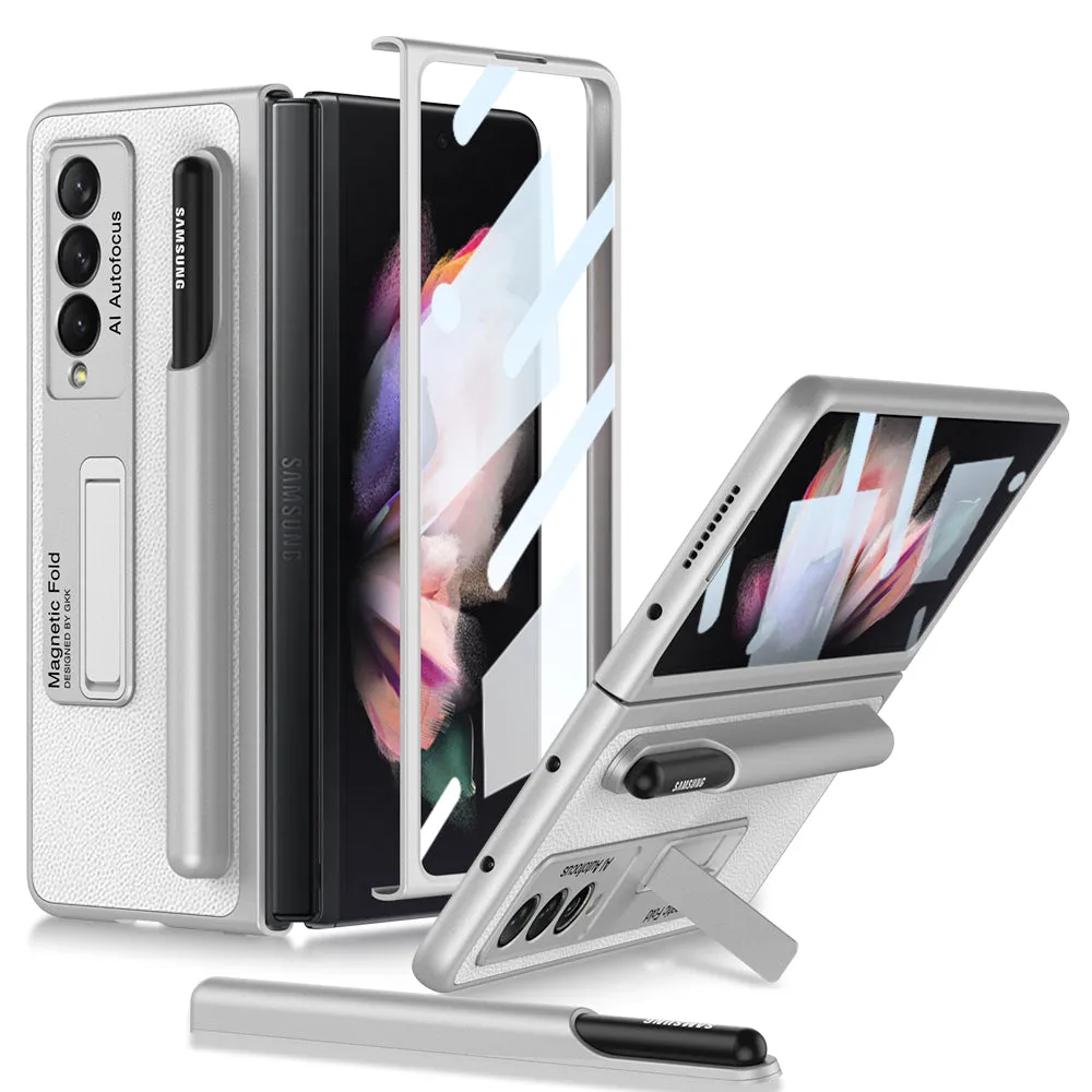 Luxury Leather All-included Protection Cover For Samsung Galaxy Z Fold 3 Case Pen Holder Stander Plastic For Galaxy Z Fold3