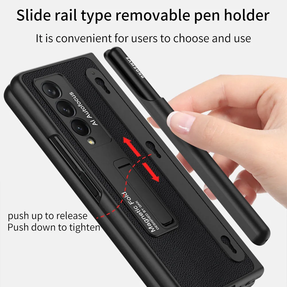 Luxury Leather All-included Protection Cover For Samsung Galaxy Z Fold 3 Case Pen Holder Stander Plastic For Galaxy Z Fold3