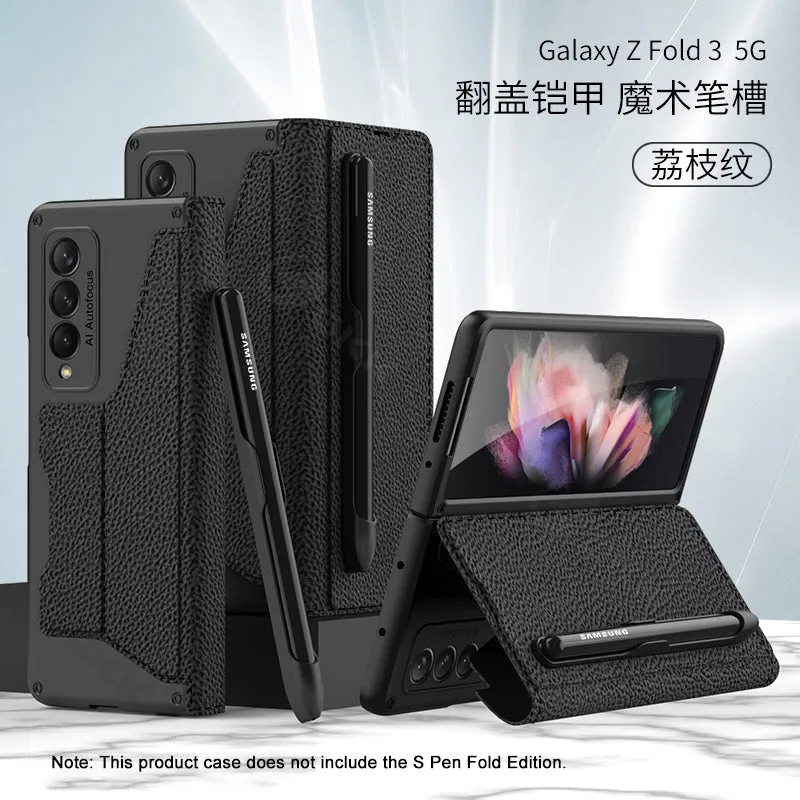 Luxury Leather Pen Slot Case For Samsung Galaxy Z Fold 3 5G Armor Anti-knock Hard Back Cover For Samsung Z Fold 3 5G Case