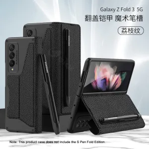 Luxury Leather Pen Slot Case For Samsung Galaxy Z Fold 3 5G Armor Anti-knock Hard Back Cover For Samsung Z Fold 3 5G Case