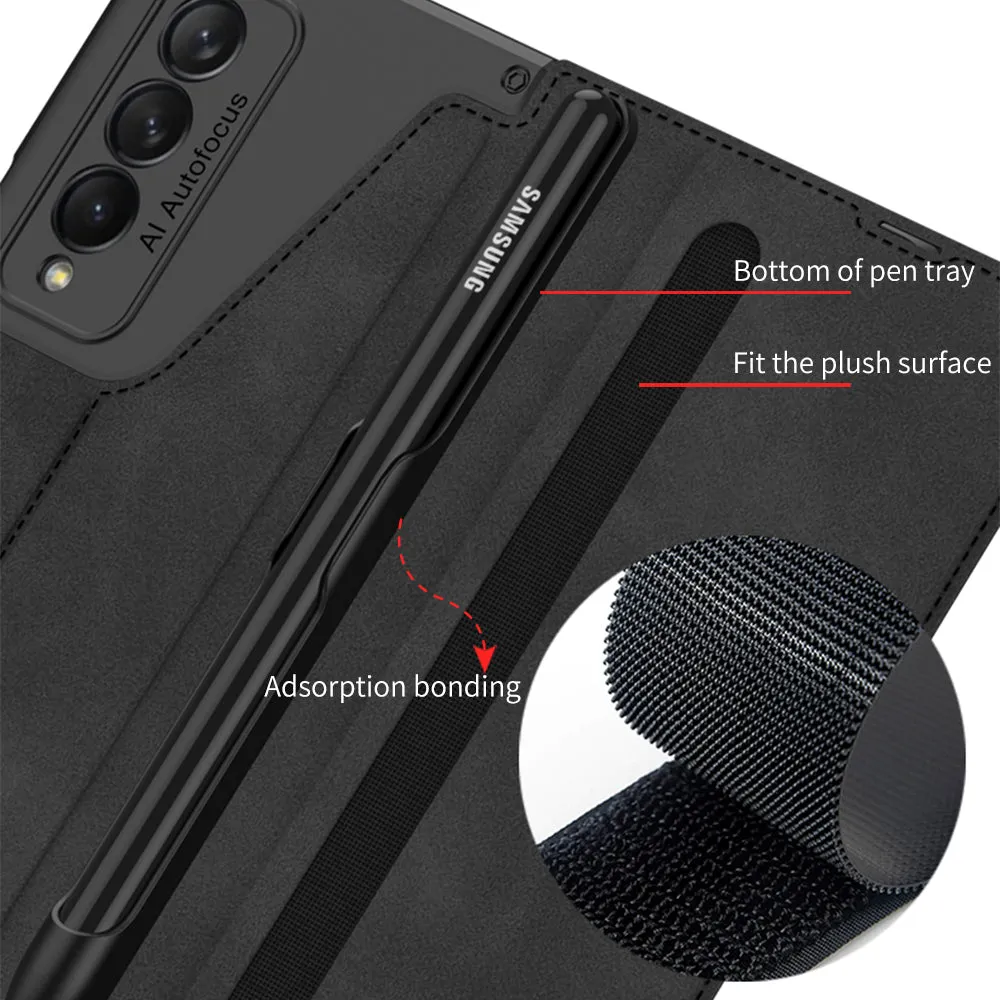 Luxury Leather Pen Slot Case For Samsung Galaxy Z Fold 3 5G Armor Anti-knock Hard Back Cover For Samsung Z Fold 3 5G Case