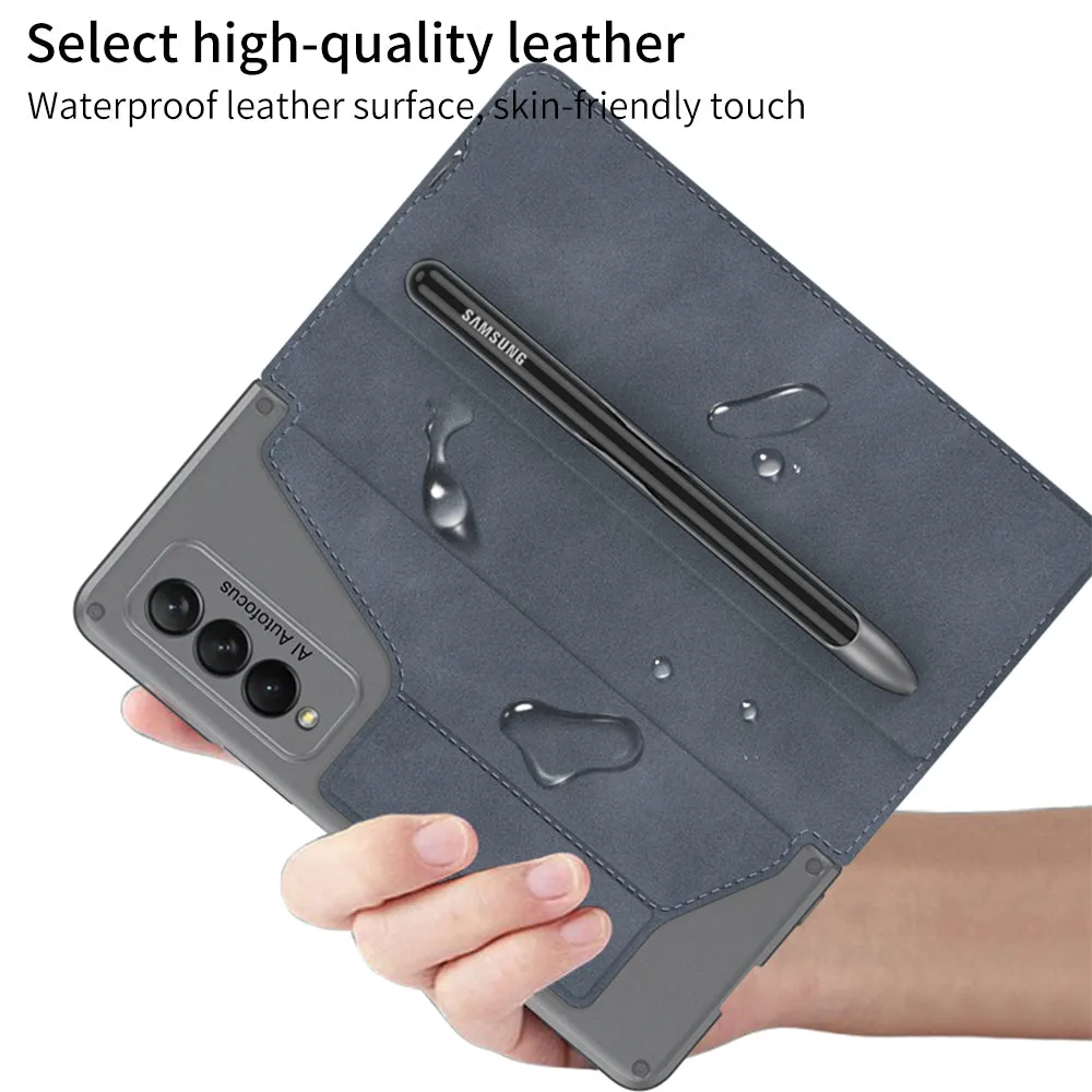 Luxury Leather Pen Slot Case For Samsung Galaxy Z Fold 3 5G Armor Anti-knock Hard Back Cover For Samsung Z Fold 3 5G Case