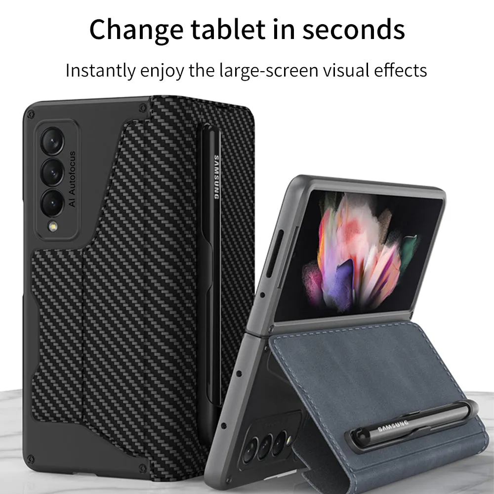 Luxury Leather Pen Slot Case For Samsung Galaxy Z Fold 3 5G Armor Anti-knock Hard Back Cover For Samsung Z Fold 3 5G Case