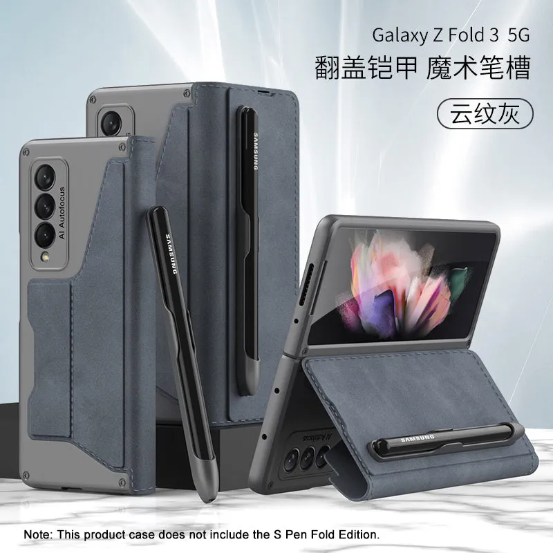 Luxury Leather Pen Slot Case For Samsung Galaxy Z Fold 3 5G Armor Anti-knock Hard Back Cover For Samsung Z Fold 3 5G Case